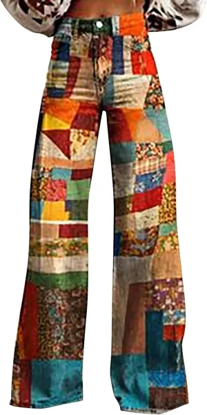 Women's Flare Jeans 2025 Wide Leg Baggy Jeans Vintage Floral Print High Waisted Colored Bell Bottoms Pants with Pockets