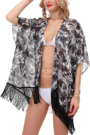 Women's Floral Kimono Cover Up - Lightweight Leopard Chiffon Beachwear for Bikini,Cardigan and Swimwear