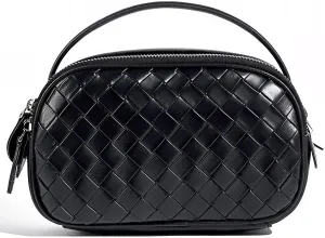 Women's Genuine Leather Crossbody Bag - Small Adjustable Strap Woven Purse, Multi-Pocket Handbag for Everyday Use