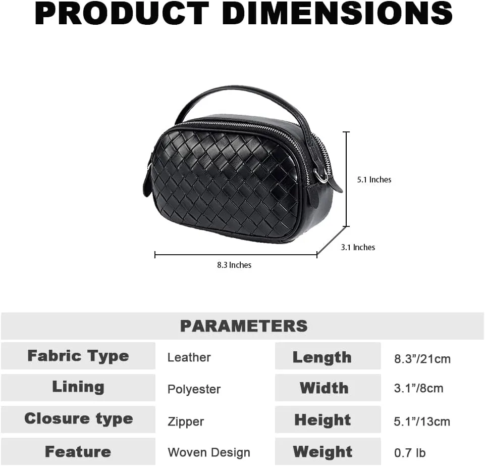 Women's Genuine Leather Crossbody Bag - Small Adjustable Strap Woven Purse, Multi-Pocket Handbag for Everyday Use