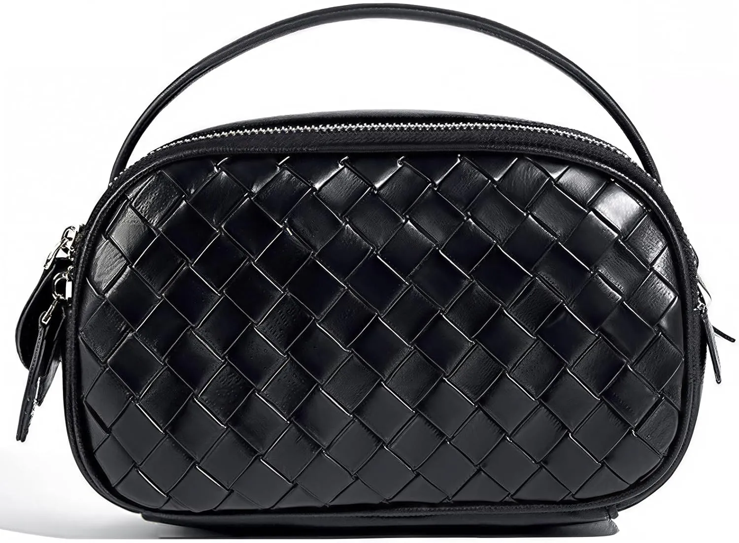 Women's Genuine Leather Crossbody Bag - Small Adjustable Strap Woven Purse, Multi-Pocket Handbag for Everyday Use