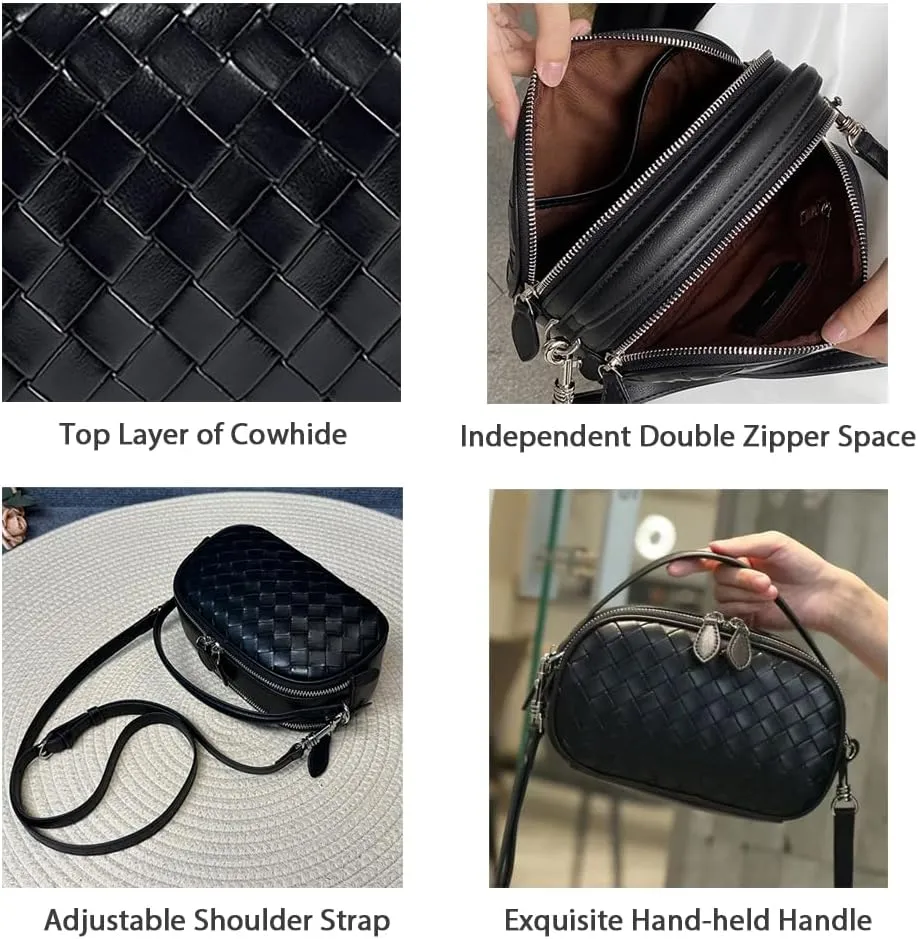 Women's Genuine Leather Crossbody Bag - Small Adjustable Strap Woven Purse, Multi-Pocket Handbag for Everyday Use