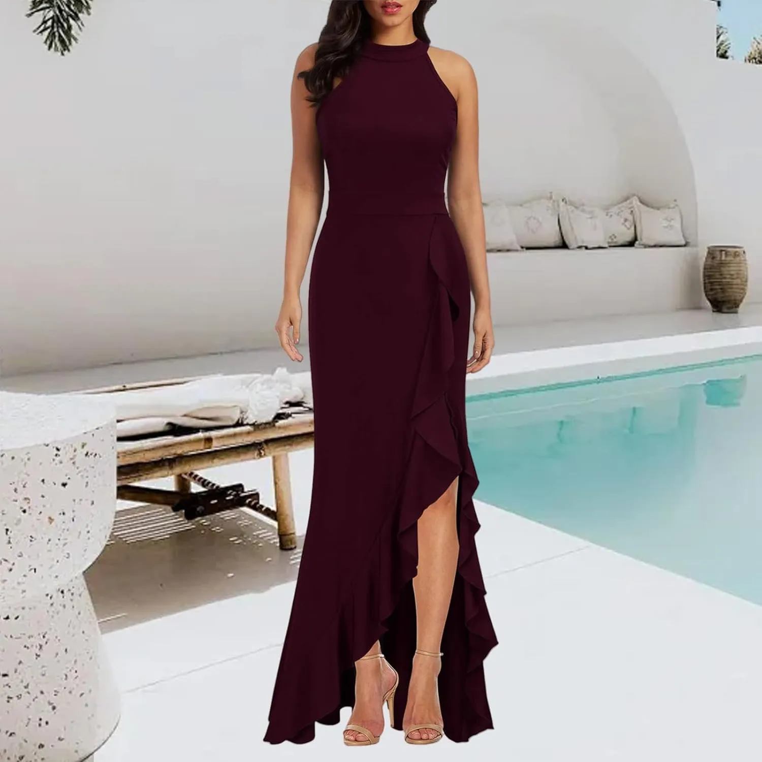 Womens High Neck Split Bodycon Mermaid Long Dress for Curvy Figures Formal Evening Cocktail Events