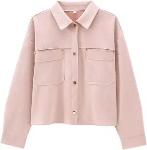 Women's Lapel Patch Pocket Suede Texture Long Sleeve Short Jacket Casual Solid Color Jacket Top
