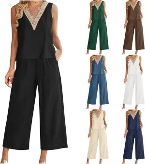 Womens Linen 2 Piece Outfits Casual Summer 2024 Sleeveless v Neck Crop Top Wide Leg Capri Pants Matching Set Loungewear