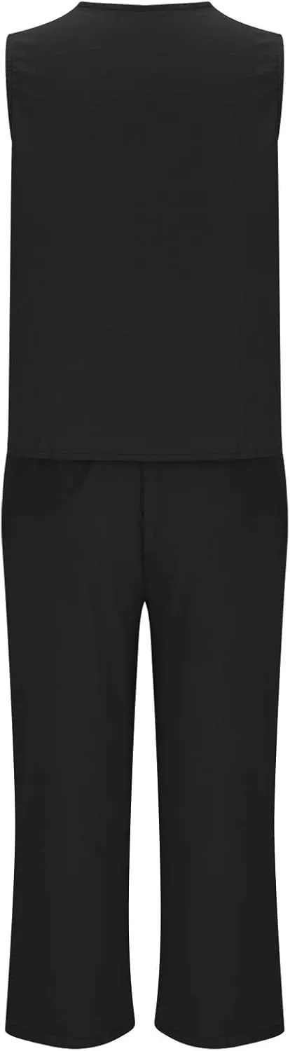 Womens Linen 2 Piece Outfits Casual Summer 2024 Sleeveless v Neck Crop Top Wide Leg Capri Pants Matching Set Loungewear
