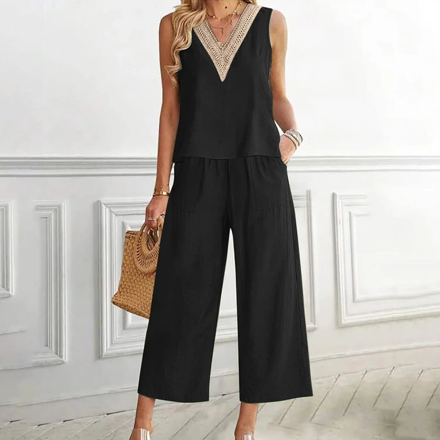 Womens Linen 2 Piece Outfits Casual Summer 2024 Sleeveless v Neck Crop Top Wide Leg Capri Pants Matching Set Loungewear