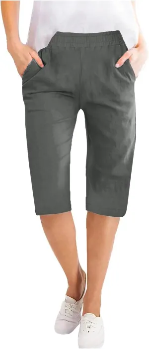 Womens Linen Bermuda Shorts High Waist Baggy Knee Length Paperbag Shorts Summer Casual Vintage Flowy Active Shorts