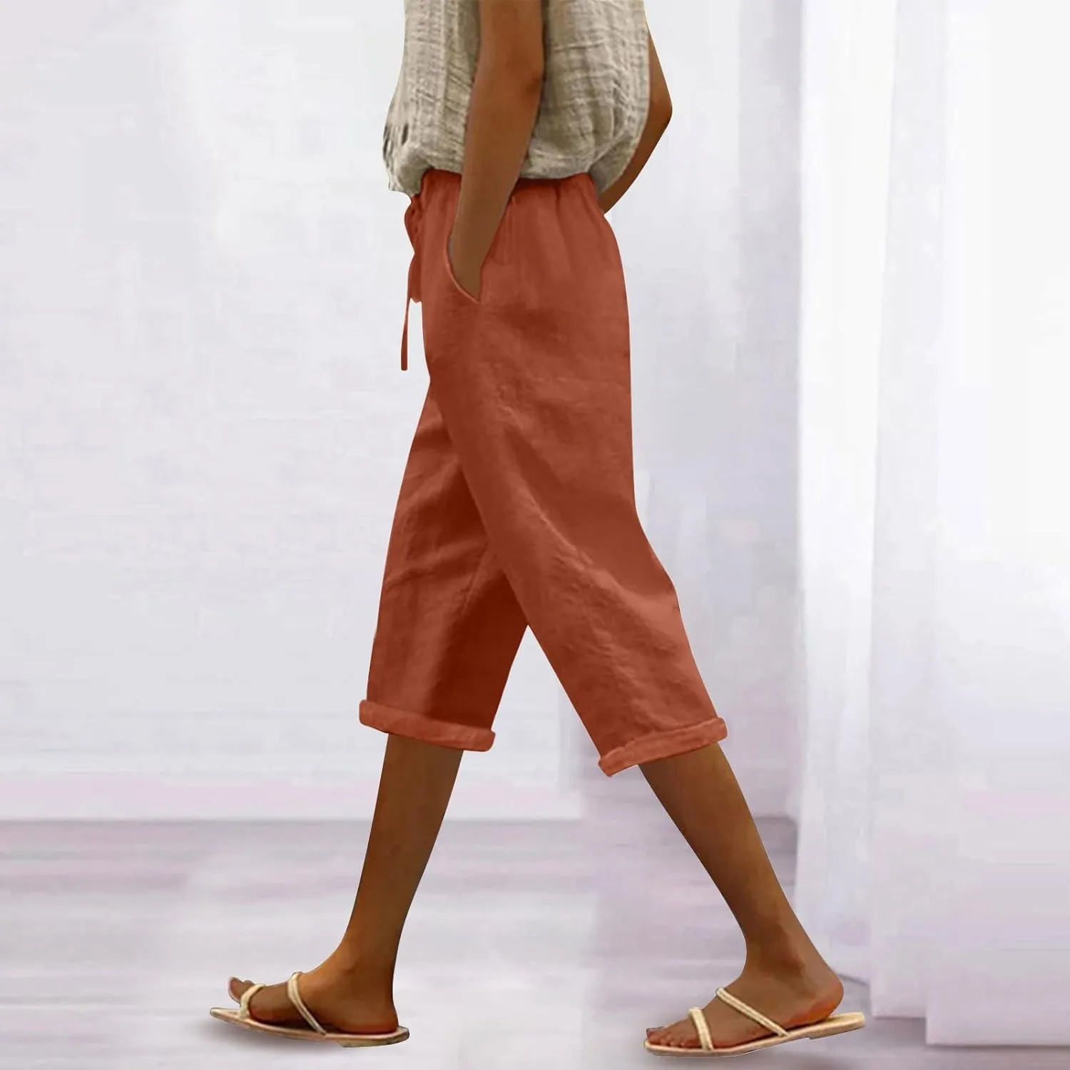 Women's Linen Capri Pants Cotton Linen Elastic Seven Pants Beach Casual Pants Linen Lightweight Loose Trousers Linen