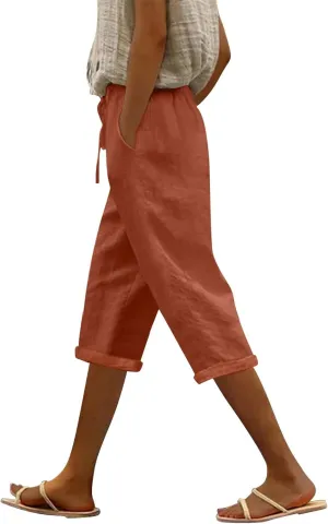 Women's Linen Capri Pants Cotton Linen Elastic Seven Pants Beach Casual Pants Linen Lightweight Loose Trousers Linen