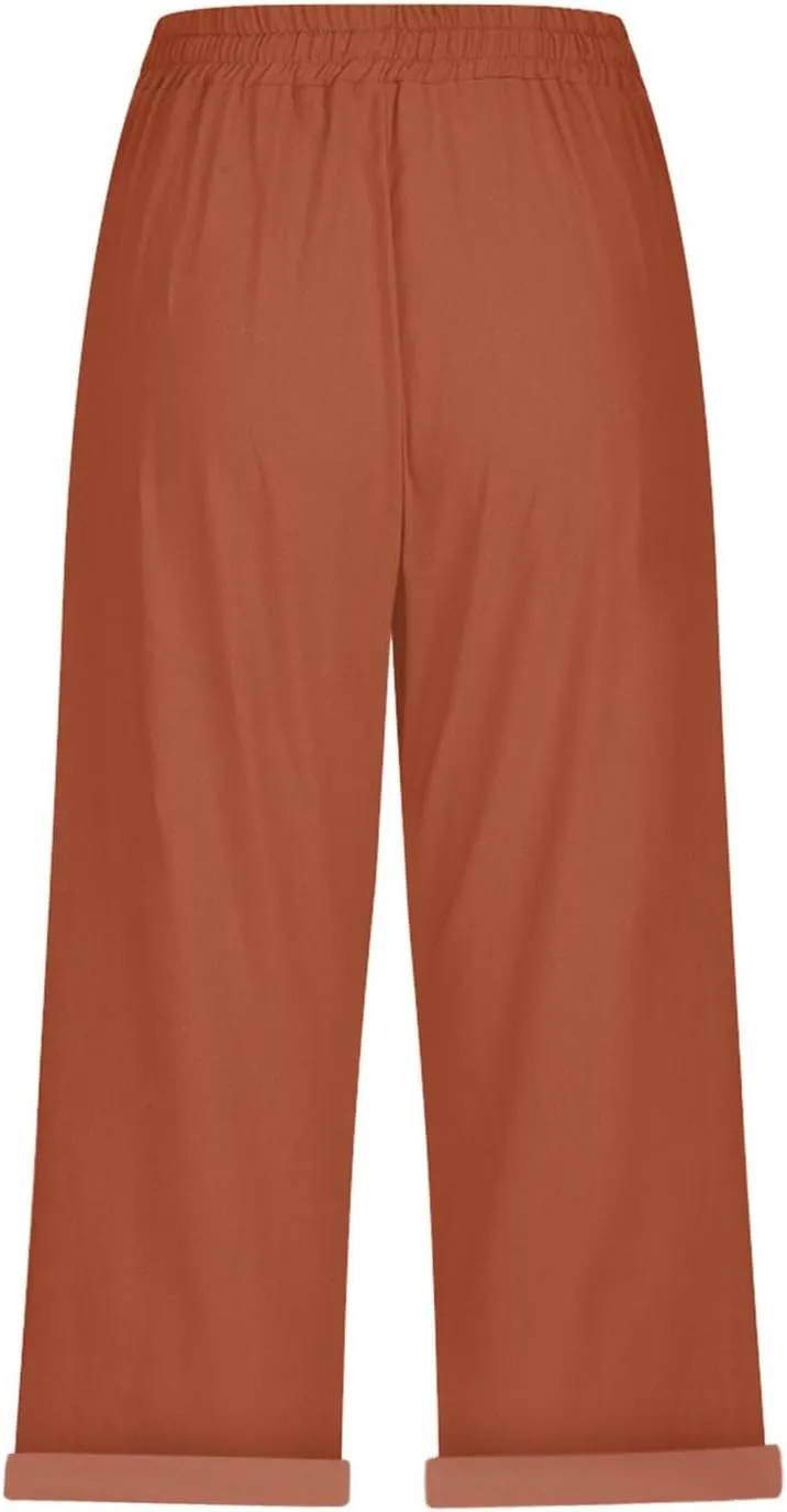 Women's Linen Capri Pants Cotton Linen Elastic Seven Pants Beach Casual Pants Linen Lightweight Loose Trousers Linen