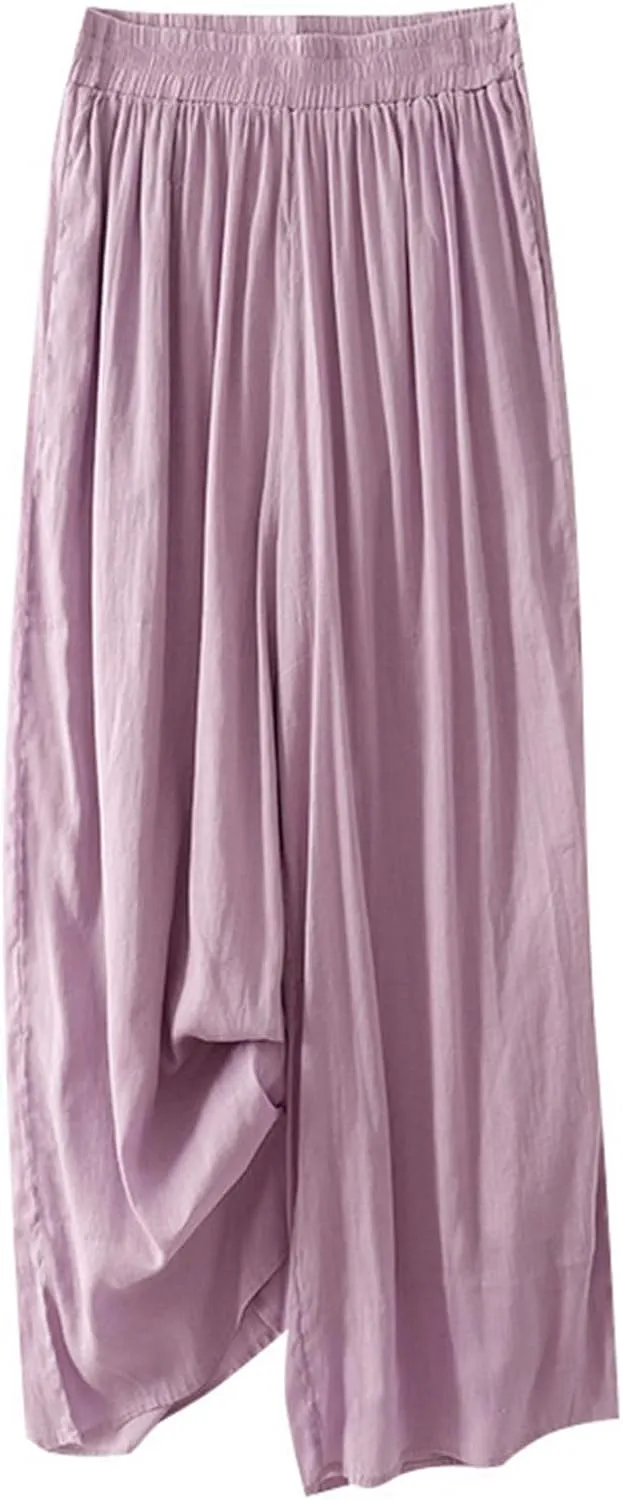 Womens Linen Cropped Pants High Waisted Baggy Pull On Paperbag Pants Printed Capris Cotton Light Slacks Work Pants