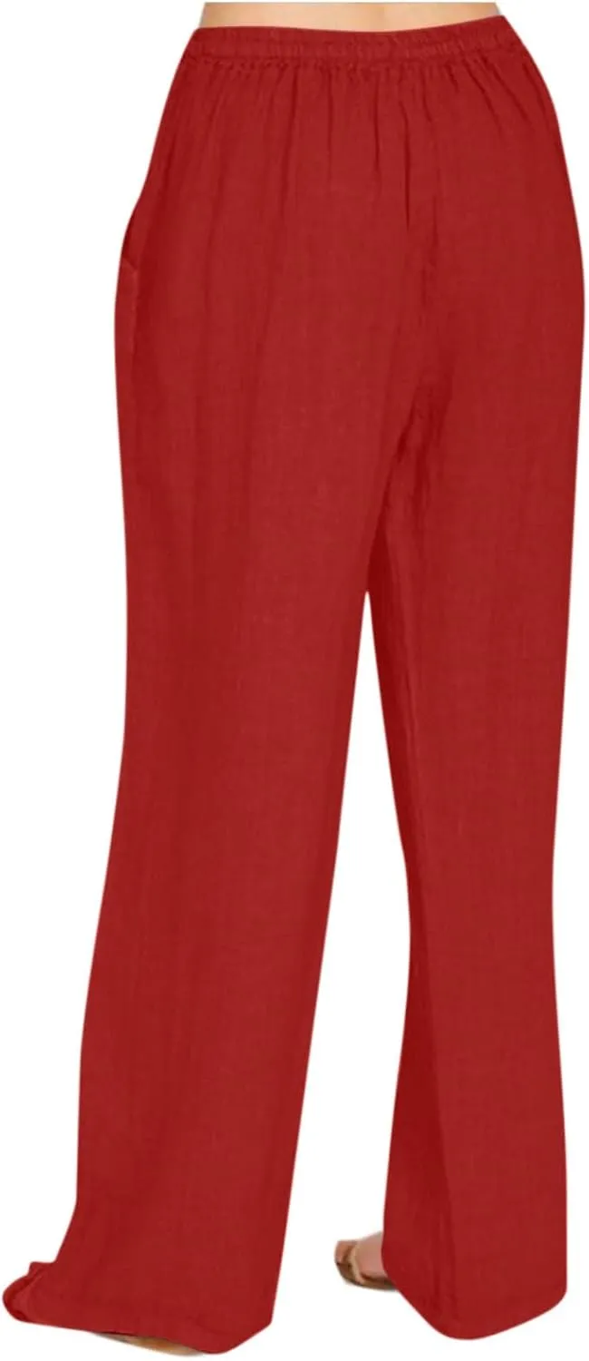 Womens Linen Pants Dressy Lightweight Drawstring High Waisted Pants Casual Lounge Pants Trousers with Pockets