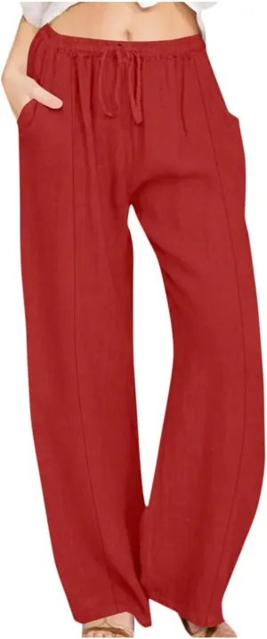 Womens Linen Pants Dressy Lightweight Drawstring High Waisted Pants Casual Lounge Pants Trousers with Pockets