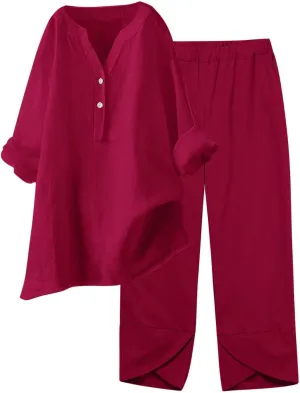 Womens Linen Sets 2 Piece Oversized 3/4 Length Sleeve Comfy Shirts Summer V Neck Loose Wide Leg Pants with Pockets