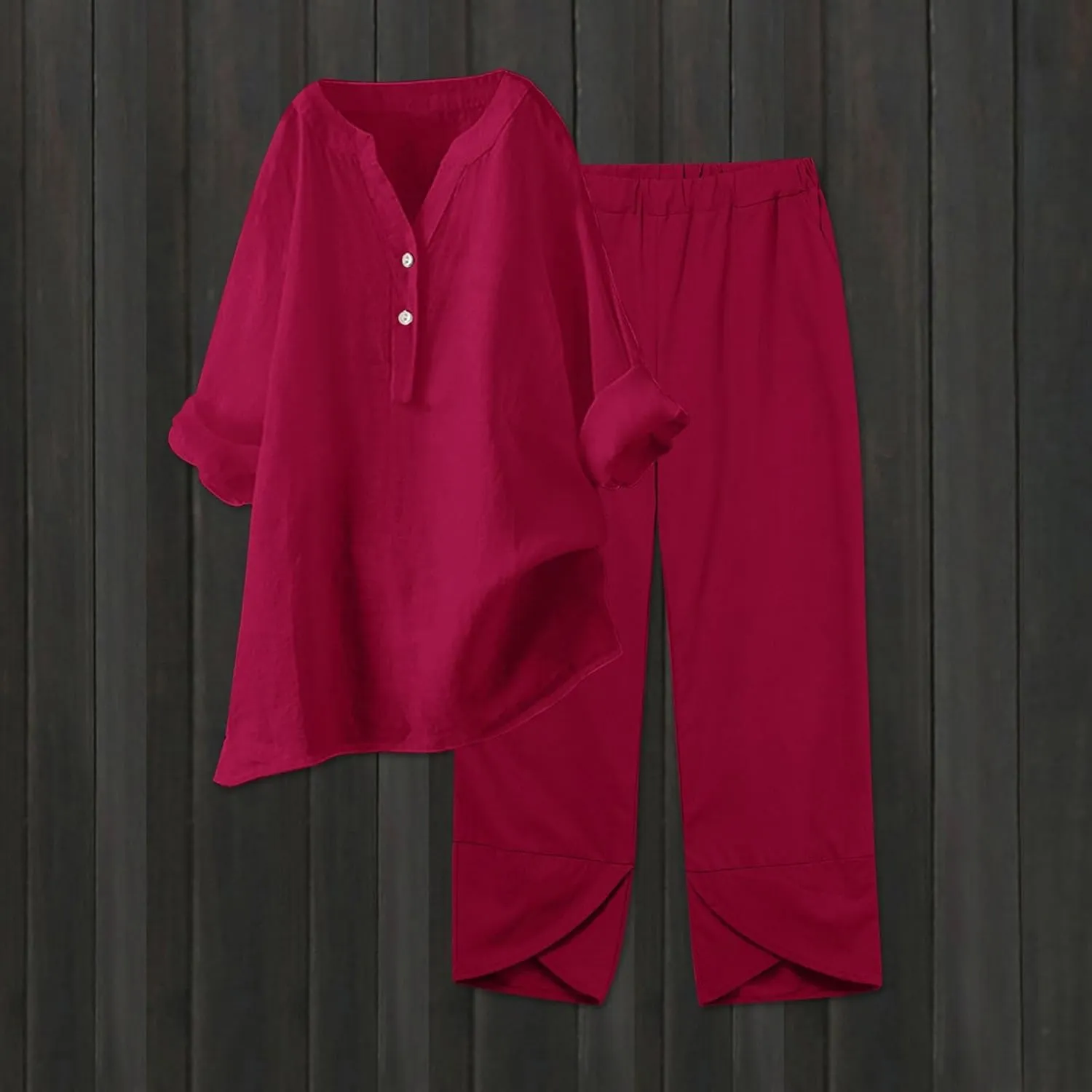Womens Linen Sets 2 Piece Oversized 3/4 Length Sleeve Comfy Shirts Summer V Neck Loose Wide Leg Pants with Pockets