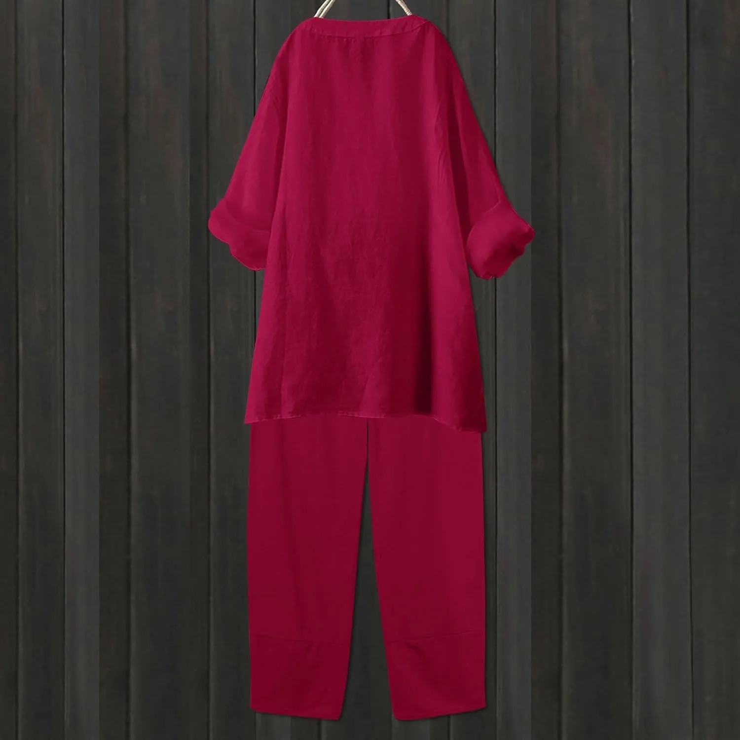 Womens Linen Sets 2 Piece Oversized 3/4 Length Sleeve Comfy Shirts Summer V Neck Loose Wide Leg Pants with Pockets