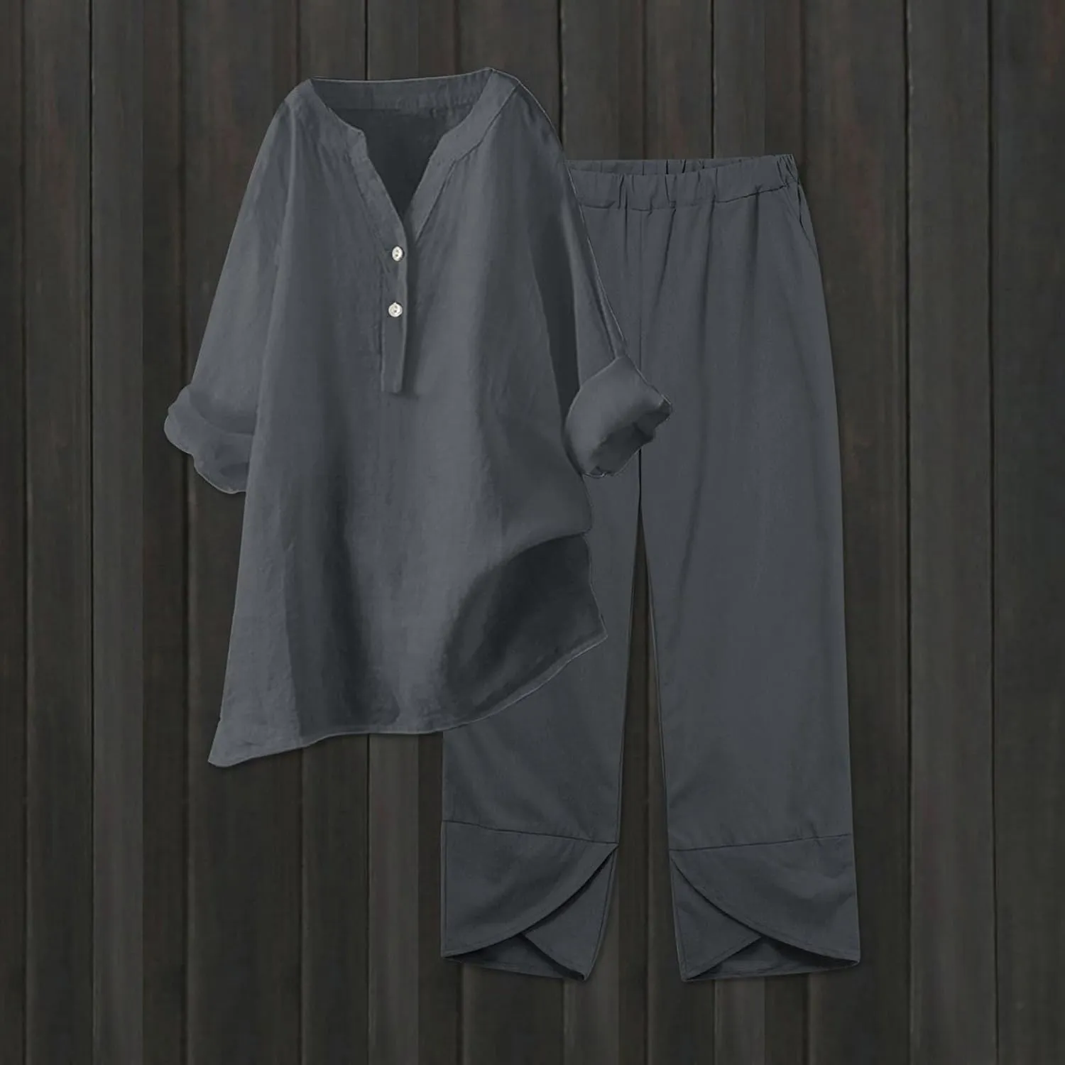 Womens Linen Sets 2 Piece Oversized 3/4 Length Sleeve Comfy Shirts Summer V Neck Loose Wide Leg Pants with Pockets
