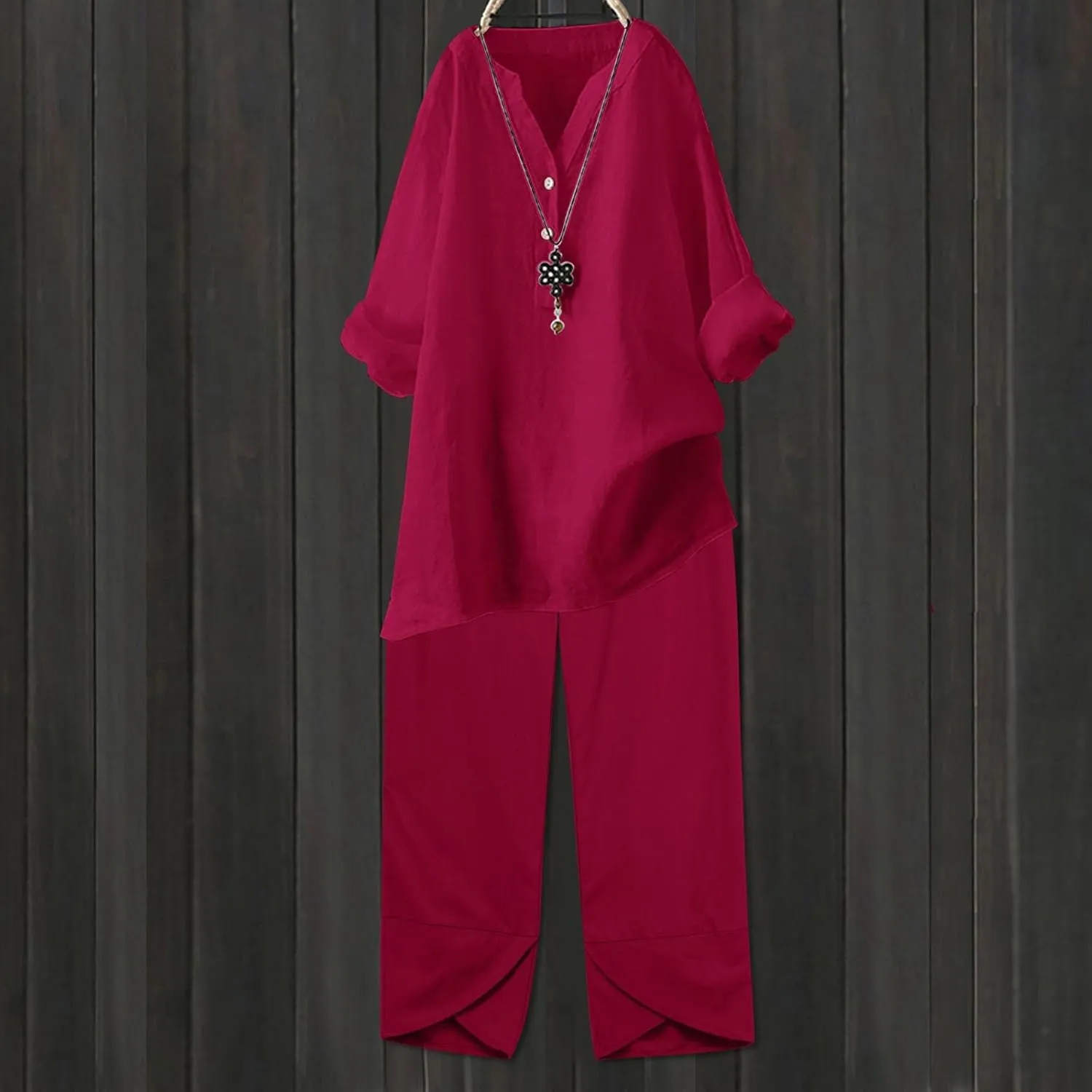 Womens Linen Sets 2 Piece Oversized 3/4 Length Sleeve Comfy Shirts Summer V Neck Loose Wide Leg Pants with Pockets