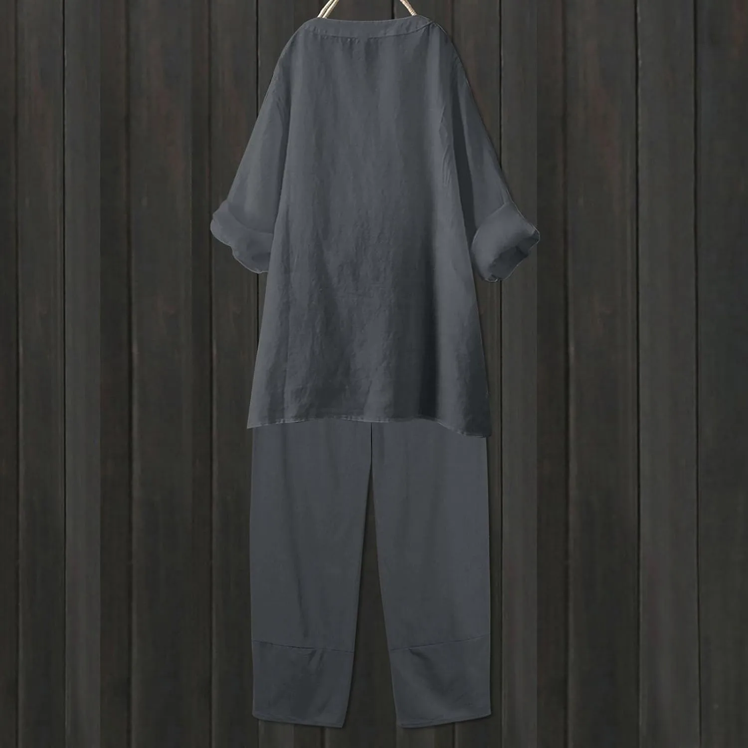 Womens Linen Sets 2 Piece Oversized 3/4 Length Sleeve Comfy Shirts Summer V Neck Loose Wide Leg Pants with Pockets
