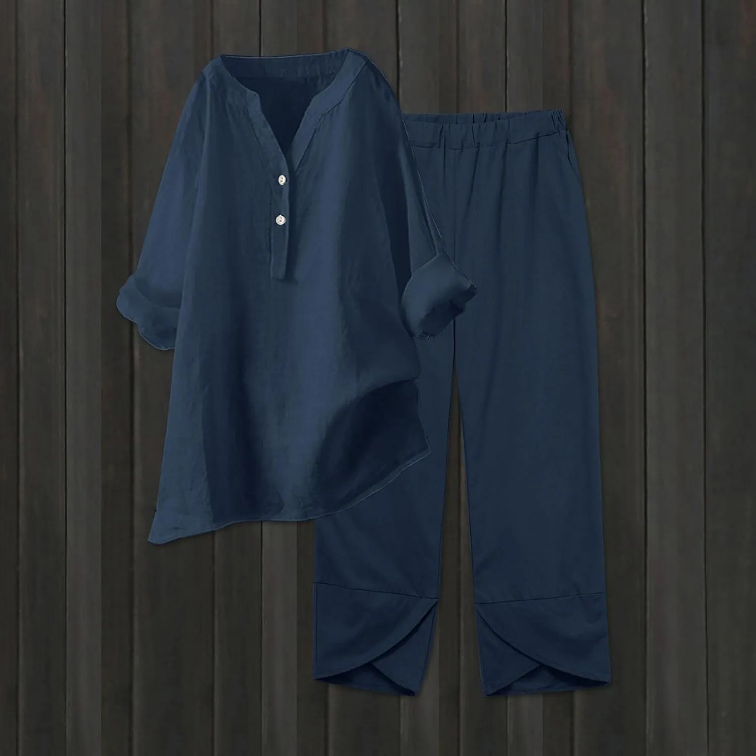 Womens Linen Sets 2 Piece Oversized 3/4 Length Sleeve Comfy Shirts Summer V Neck Loose Wide Leg Pants with Pockets