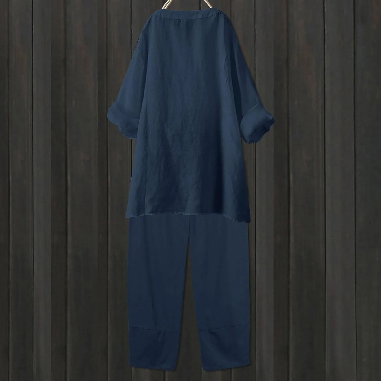 Womens Linen Sets 2 Piece Oversized 3/4 Length Sleeve Comfy Shirts Summer V Neck Loose Wide Leg Pants with Pockets