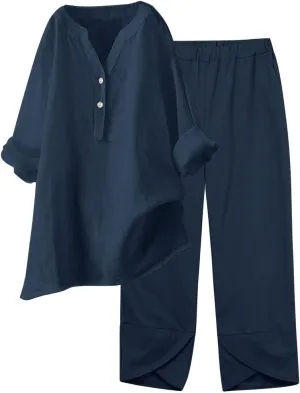 Womens Linen Sets 2 Piece Oversized 3/4 Length Sleeve Comfy Shirts Summer V Neck Loose Wide Leg Pants with Pockets