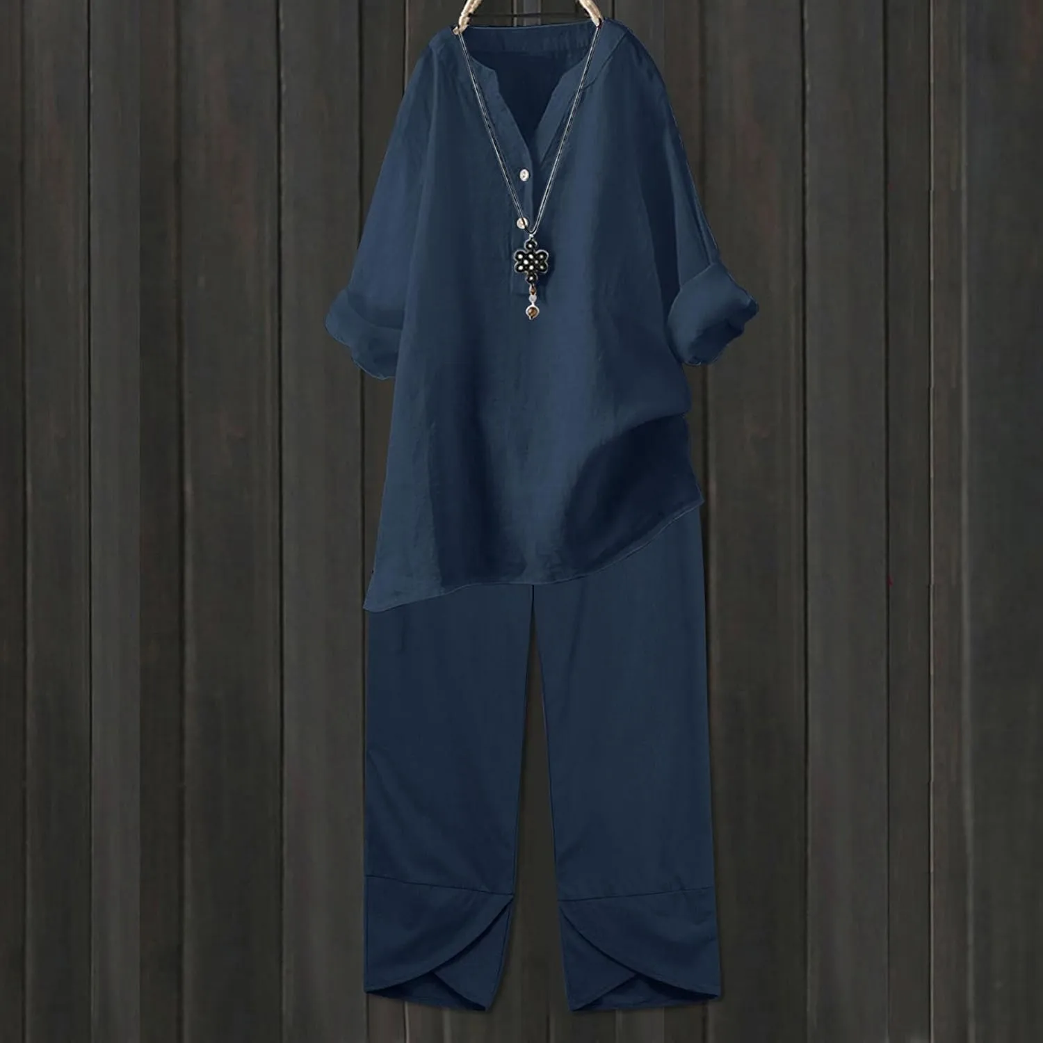 Womens Linen Sets 2 Piece Oversized 3/4 Length Sleeve Comfy Shirts Summer V Neck Loose Wide Leg Pants with Pockets