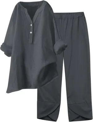 Womens Linen Sets 2 Piece Oversized 3/4 Length Sleeve Comfy Shirts Summer V Neck Loose Wide Leg Pants with Pockets