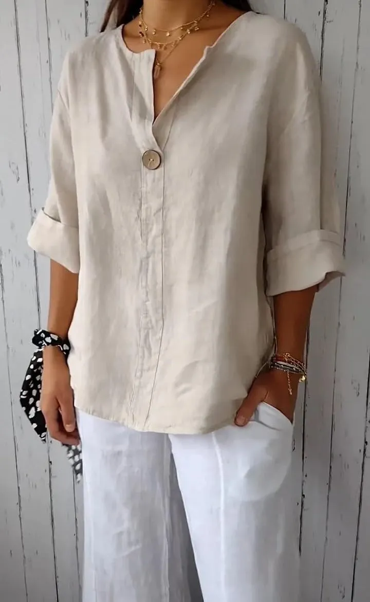 Women's Linen Shirt Button Down V Neck Solid Blouse 3/4 Sleeves Casual Loose Fit Tunic Tops Summer T Shirts