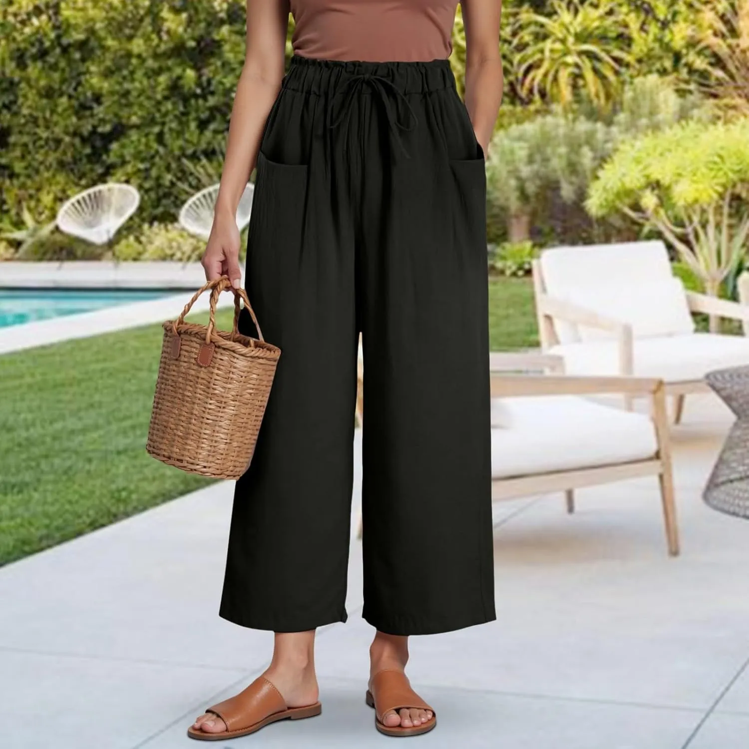 Womens Linen Wide Leg Pants Womens Linen Pants Wide Leg for Women High Waist Casual Relaxed with Pockets Inseam