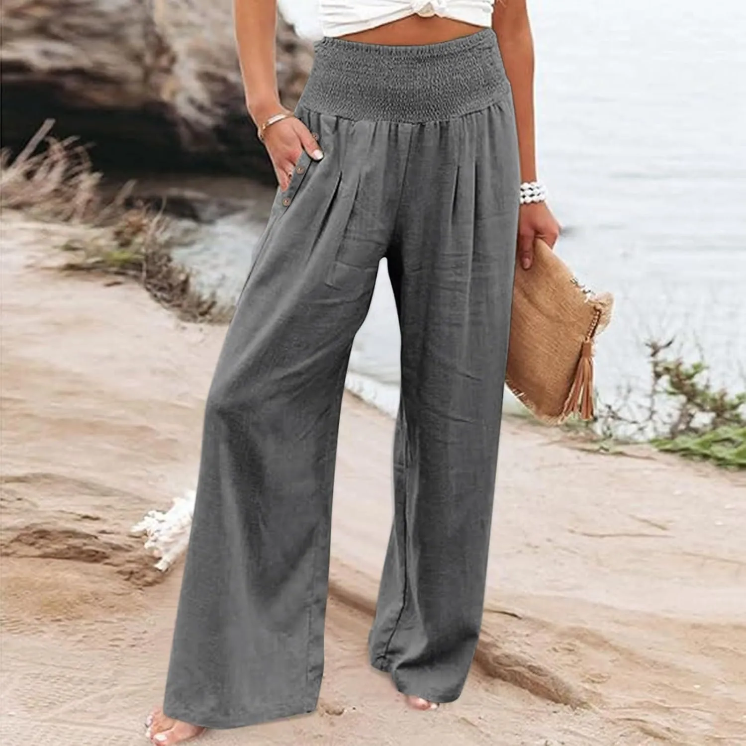 Womens Linen Wide Leg Pants Women's Summer Wide Leg Palazzo Pants Summer Boho Bagyy High Smocked Waist Casual Loose