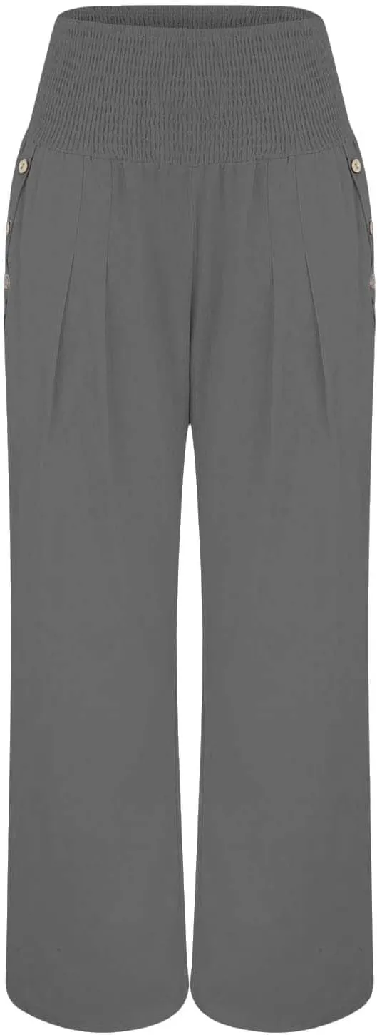Womens Linen Wide Leg Pants Women's Summer Wide Leg Palazzo Pants Summer Boho Bagyy High Smocked Waist Casual Loose