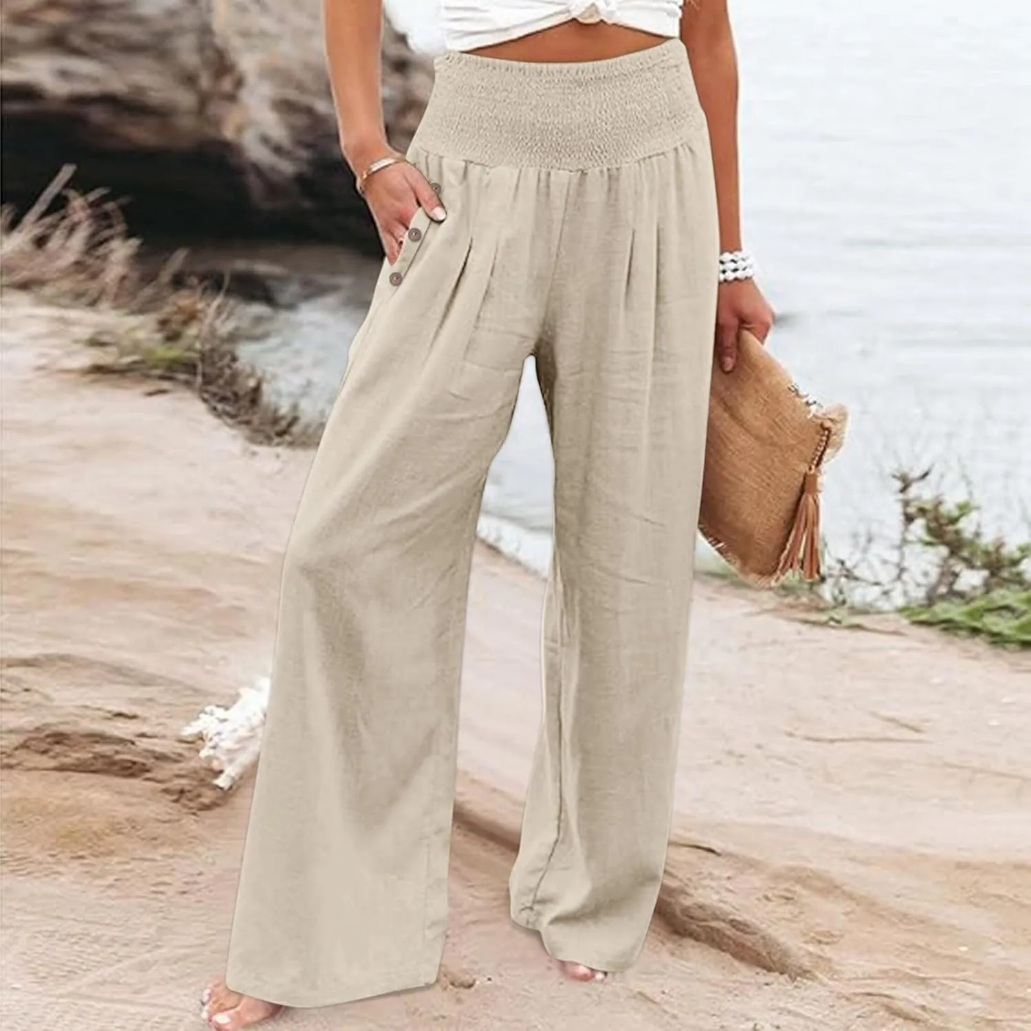 Womens Linen Wide Leg Pants Women's Summer Wide Leg Palazzo Pants Summer Boho Bagyy High Smocked Waist Casual Loose