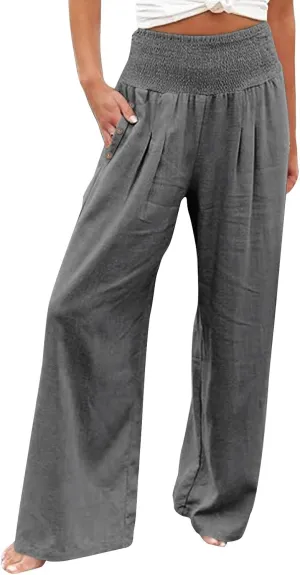Womens Linen Wide Leg Pants Women's Summer Wide Leg Palazzo Pants Summer Boho Bagyy High Smocked Waist Casual Loose