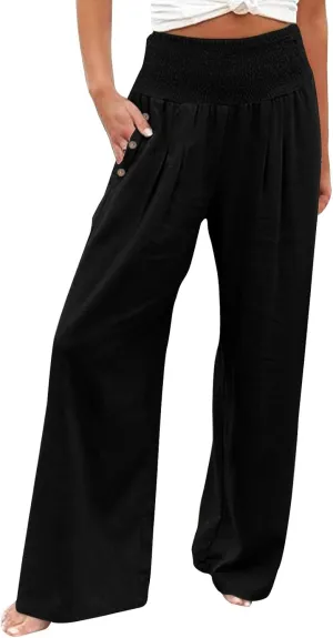 Womens Linen Wide Leg Pants Women's Summer Wide Leg Palazzo Pants Summer Boho Bagyy High Smocked Waist Casual Loose
