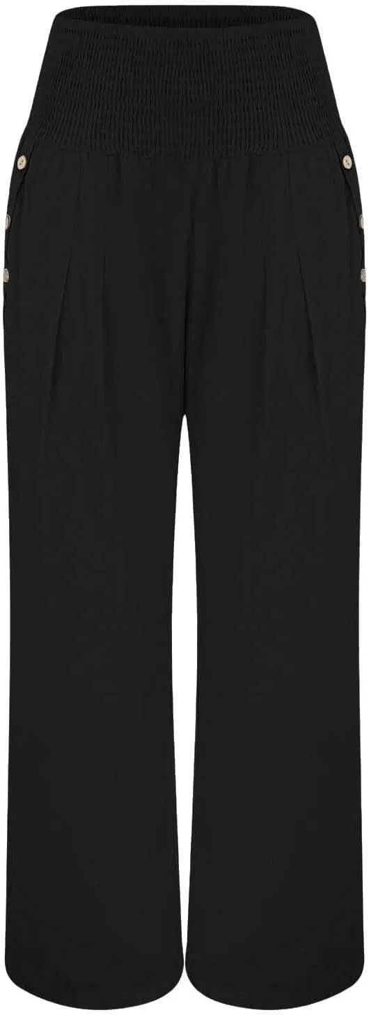 Womens Linen Wide Leg Pants Women's Summer Wide Leg Palazzo Pants Summer Boho Bagyy High Smocked Waist Casual Loose