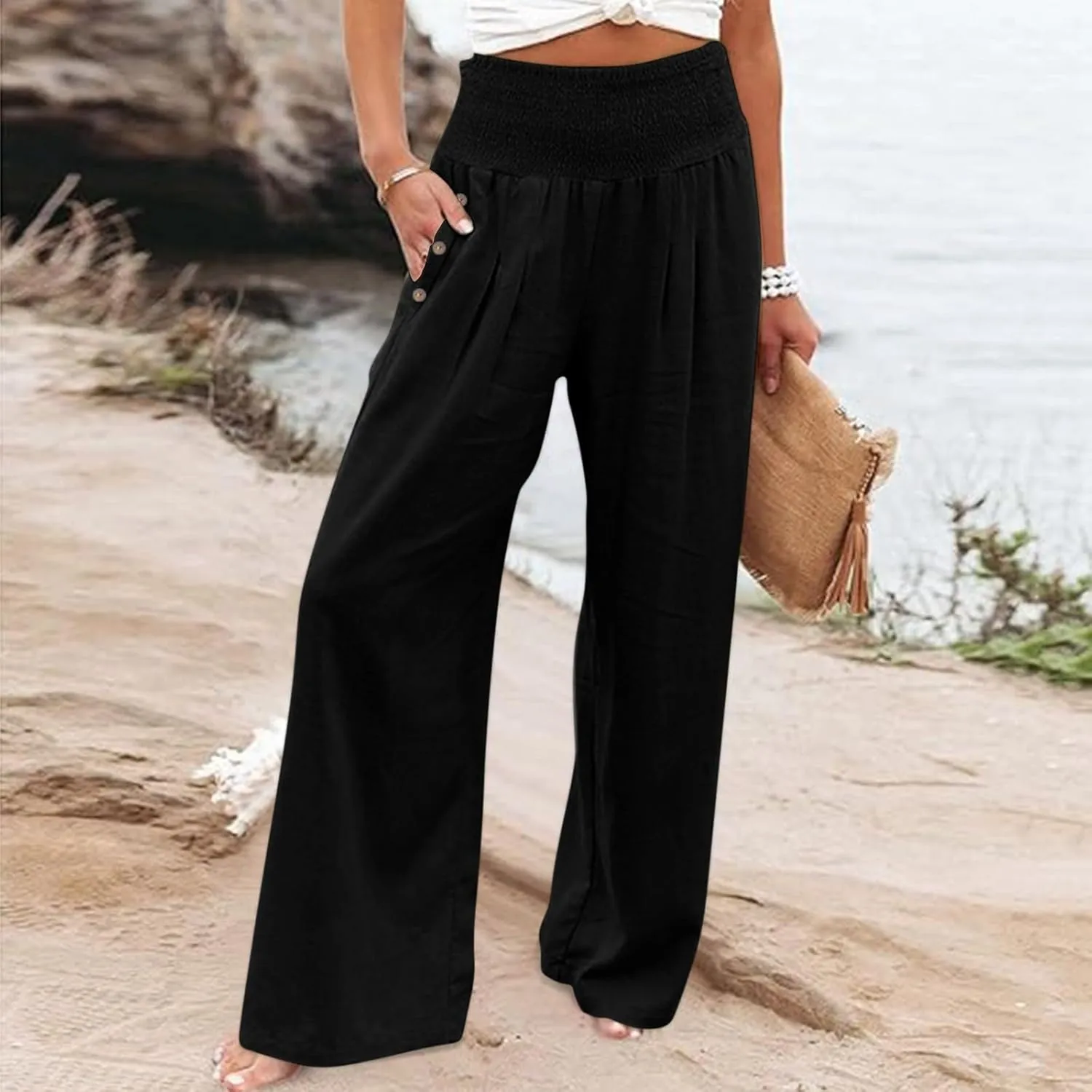 Womens Linen Wide Leg Pants Women's Summer Wide Leg Palazzo Pants Summer Boho Bagyy High Smocked Waist Casual Loose