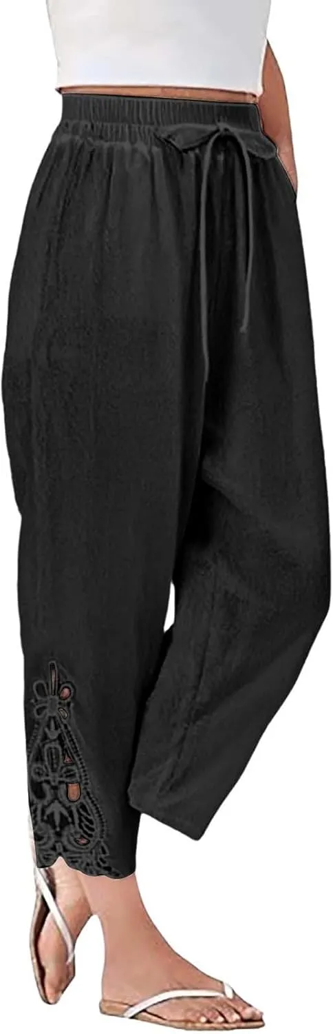 Women’s Loose Casual Wide Leg Pants Loose Lightweight Comfy Elastic Waist Cropped Trousers with Pockets 2025