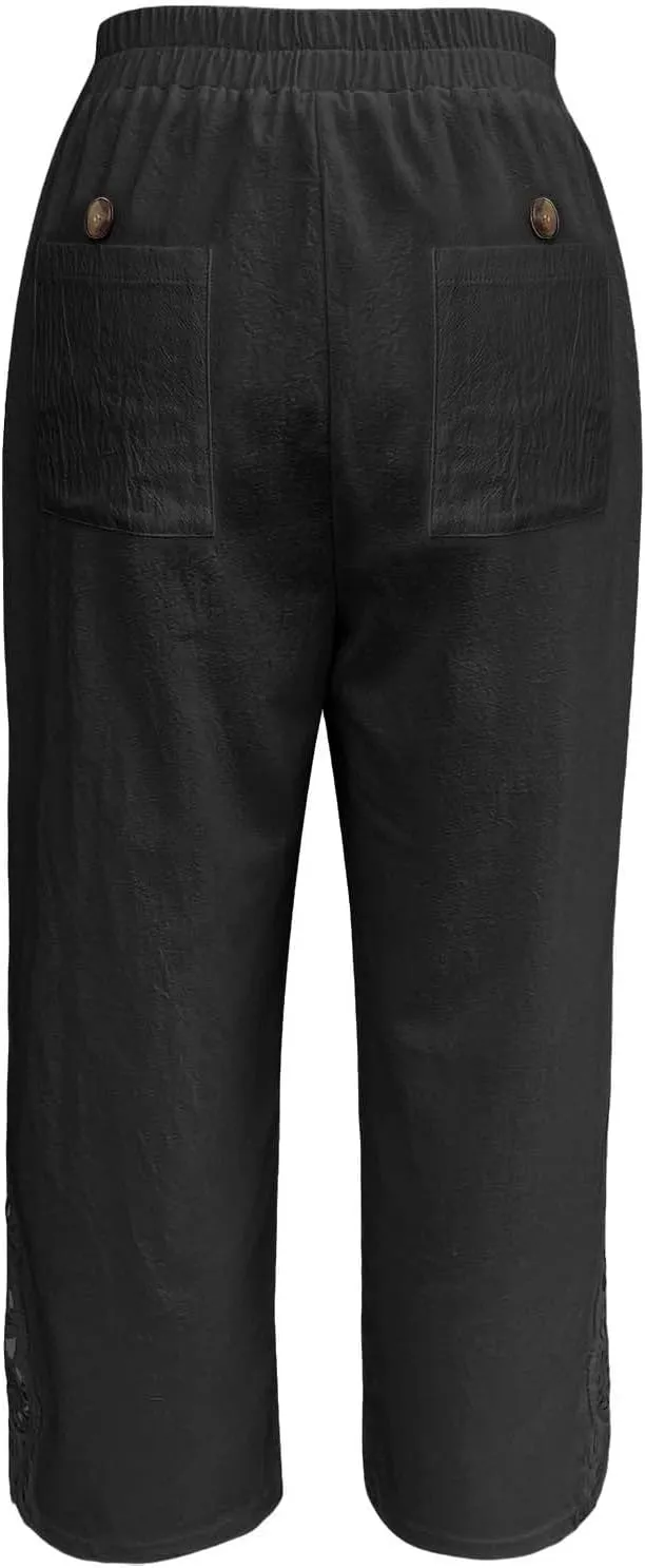 Women’s Loose Casual Wide Leg Pants Loose Lightweight Comfy Elastic Waist Cropped Trousers with Pockets 2025