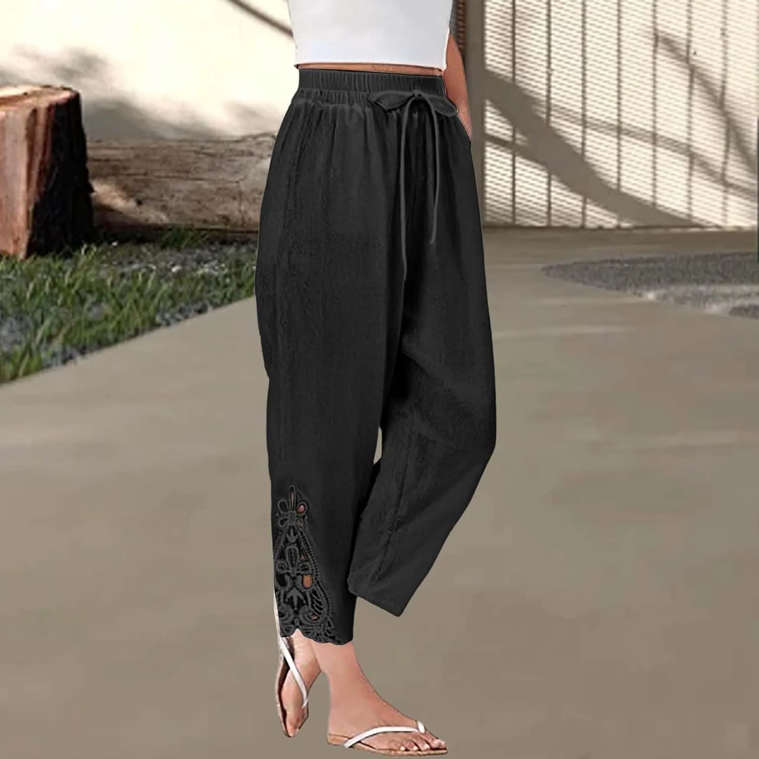 Women’s Loose Casual Wide Leg Pants Loose Lightweight Comfy Elastic Waist Cropped Trousers with Pockets 2025
