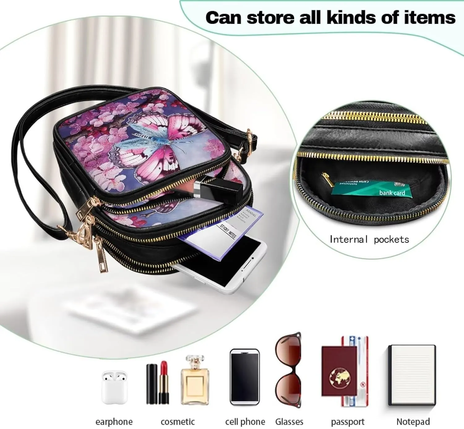 Women's Multi-Pocket PU Leather Crossbody Bag Soft Shoulder Handbags Travel Zippered Purse with Adjustable Strap