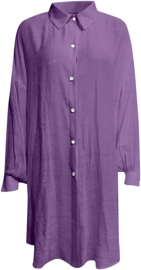 Womens Plus Size Linen Shirts Puff Sleeve Button Up V Neck Tops Dropped Loungewear Pajamas Trendy Fall Clothes