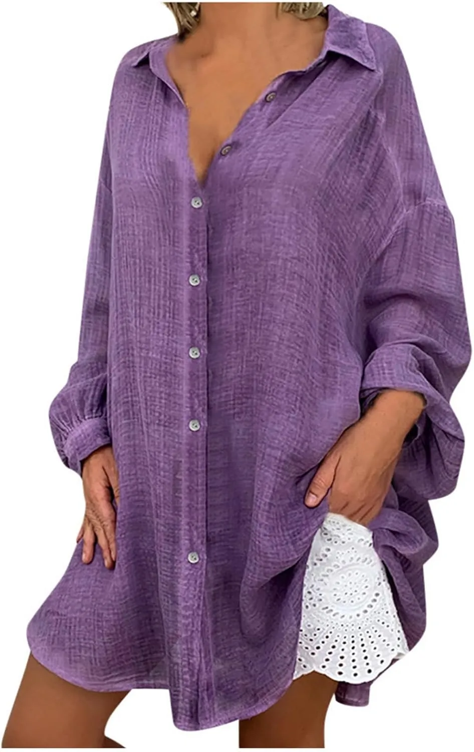 Womens Plus Size Linen Shirts Puff Sleeve Button Up V Neck Tops Dropped Loungewear Pajamas Trendy Fall Clothes