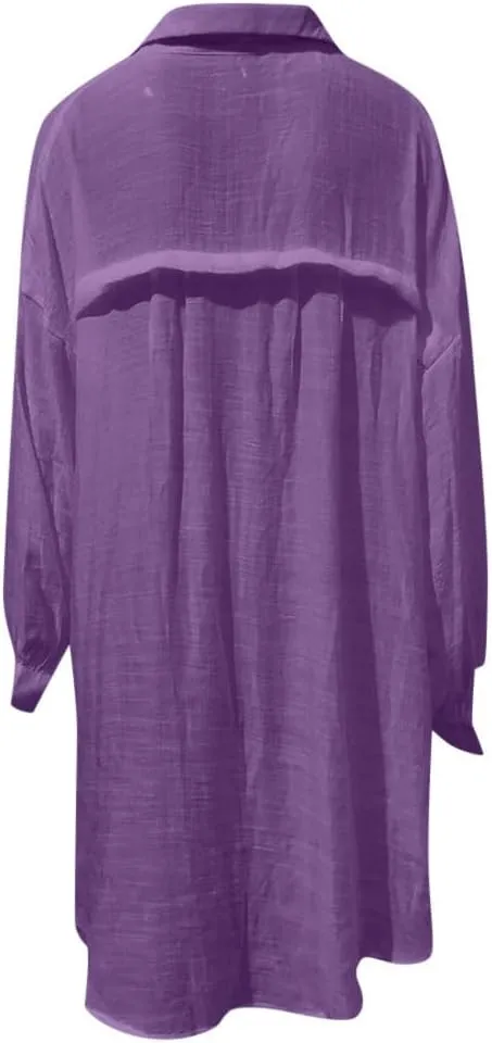 Womens Plus Size Linen Shirts Puff Sleeve Button Up V Neck Tops Dropped Loungewear Pajamas Trendy Fall Clothes