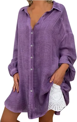 Womens Plus Size Linen Shirts Puff Sleeve Button Up V Neck Tops Dropped Loungewear Pajamas Trendy Fall Clothes