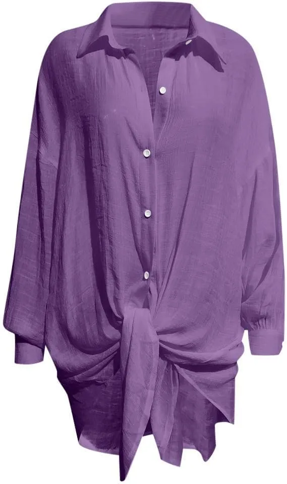 Womens Plus Size Linen Shirts Puff Sleeve Button Up V Neck Tops Dropped Loungewear Pajamas Trendy Fall Clothes