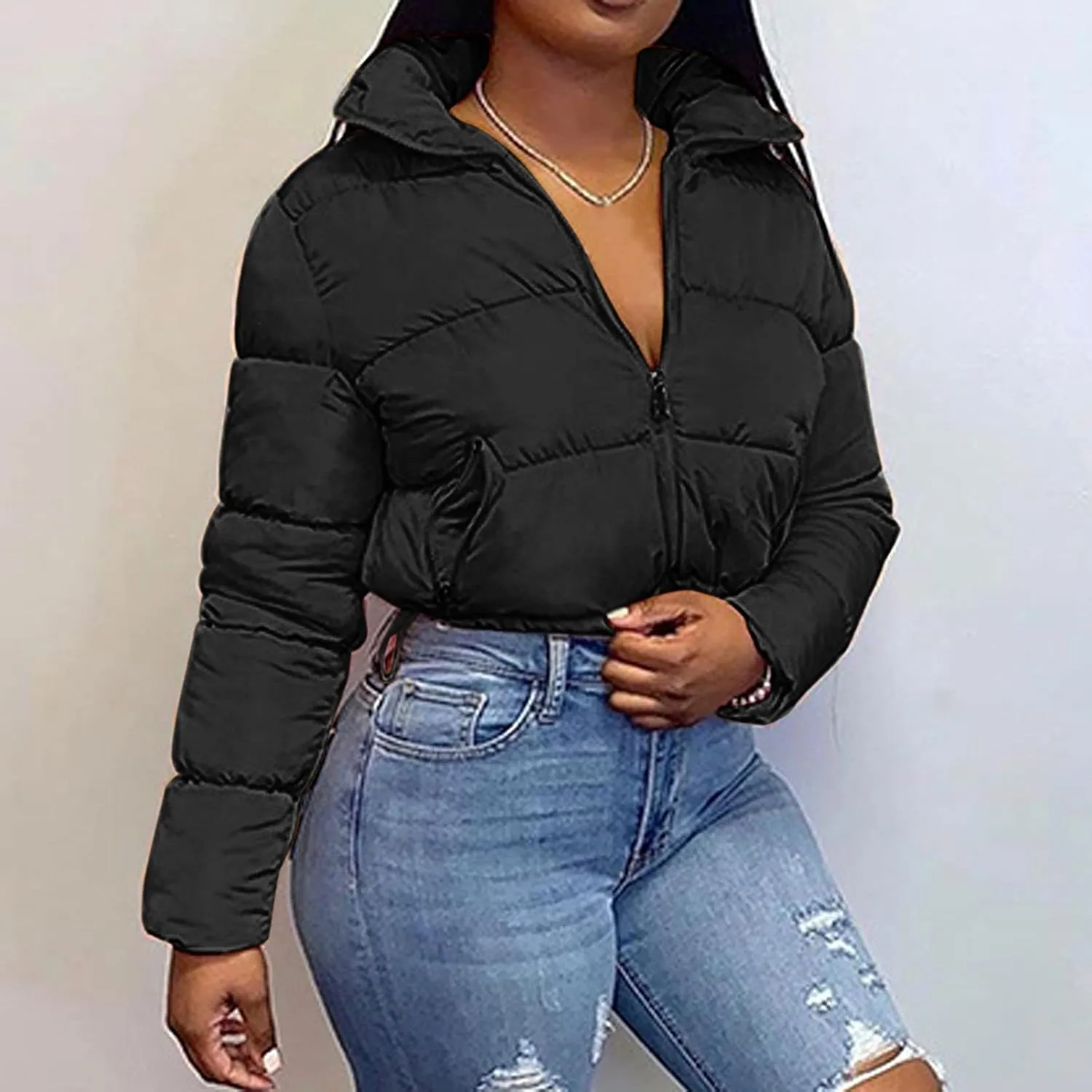 Women's Short Puffer Jackets Cropped Winter Coats Y2k Quilted Jackets Zip Up Padded Stand Collar Outerwear Pockets