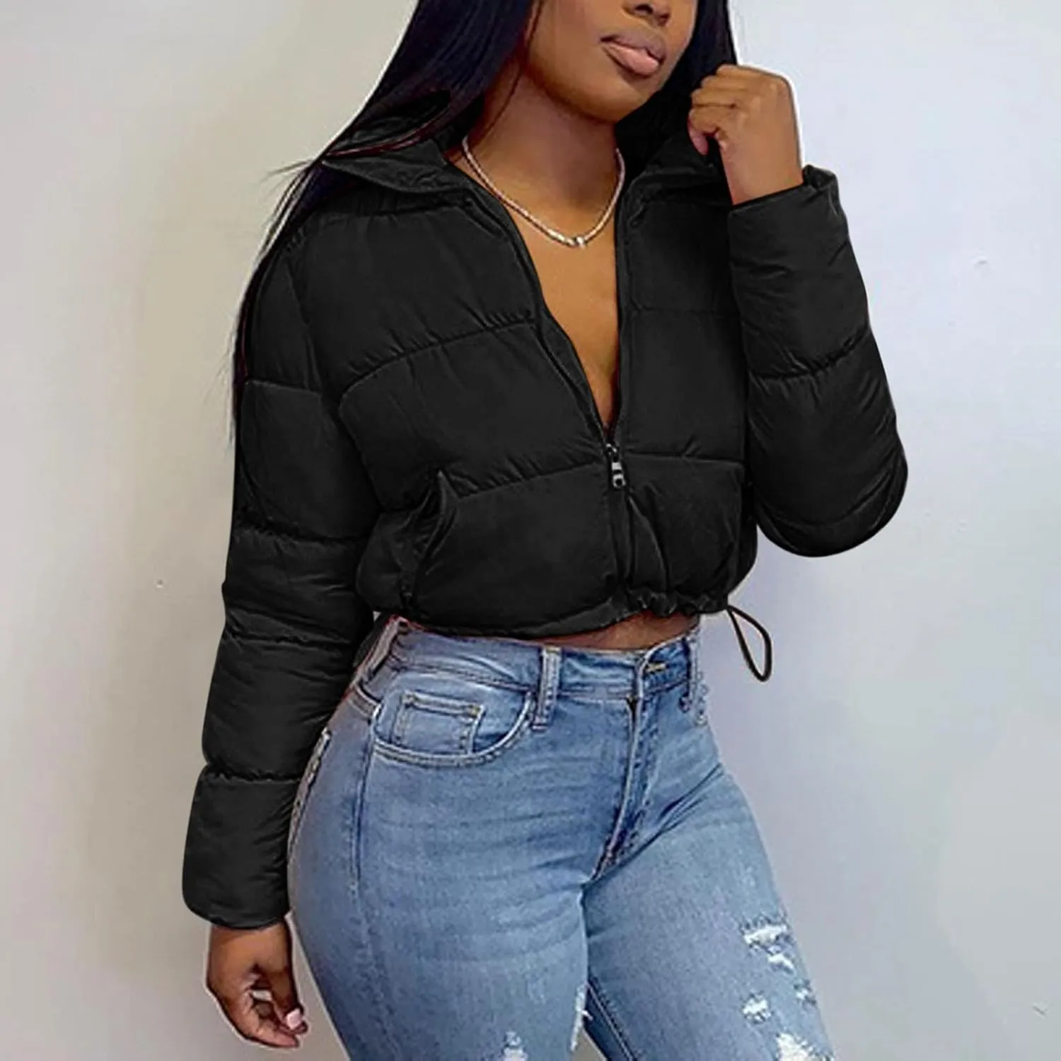 Women's Short Puffer Jackets Cropped Winter Coats Y2k Quilted Jackets Zip Up Padded Stand Collar Outerwear Pockets