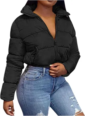 Women's Short Puffer Jackets Cropped Winter Coats Y2k Quilted Jackets Zip Up Padded Stand Collar Outerwear Pockets